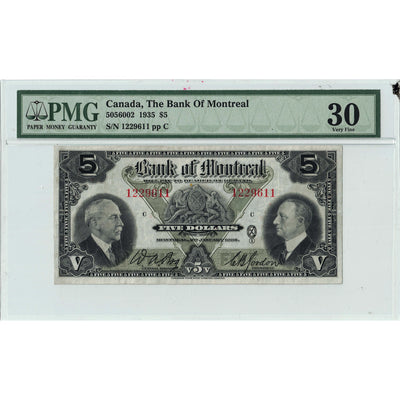 $5 1935 Bank of Montreal Canada Chartered Note #505-60-02 - PMG VF-30
