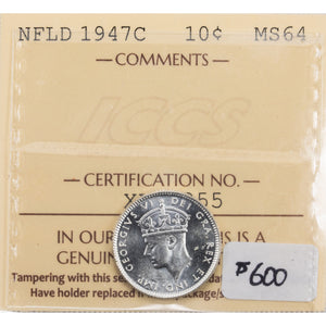 SOLD Newfoundland 1947-C 10 Cents Silver Coin - ICCS MS-64 Gorgeous Example