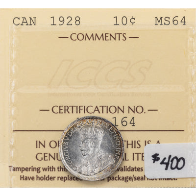 Canada 1928 10 Cents Dime Silver Coin - ICCS MS-64