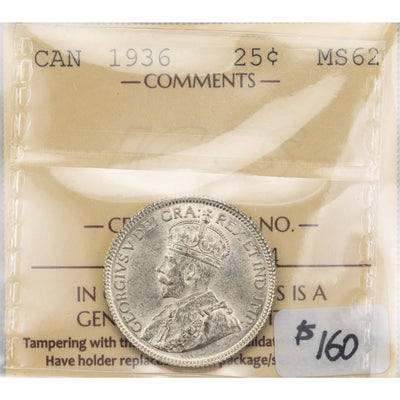 SOLD Canada 1936 25 Cents Quarter Silver Coin - ICCS MS-62