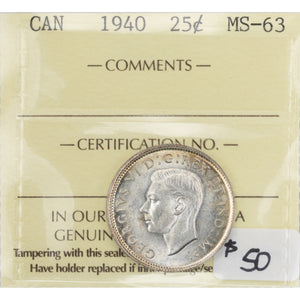 SOLD Canada 1940 25 Cents Quarter Silver Coin - ICCS MS-63