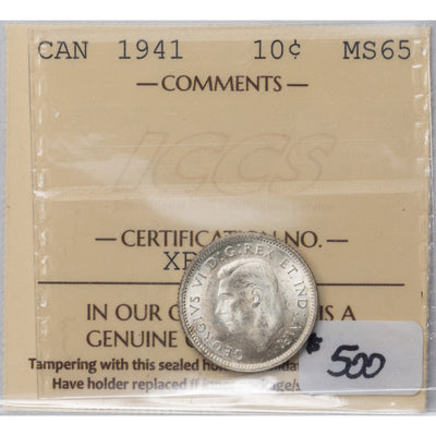 SOLD Canada 1941 10 Ten Cents Silver Coin - ICCS MS-65