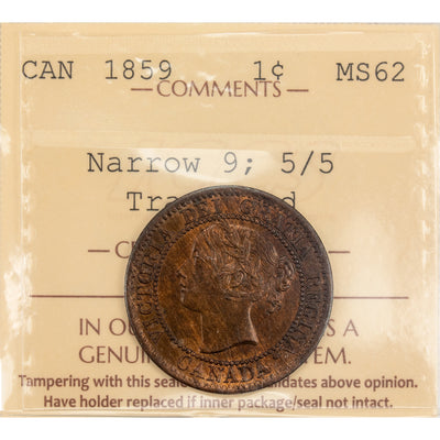 Canada 1859 N9 5/5 One Large Cent Coin - ICCS MS-62 Trace Red