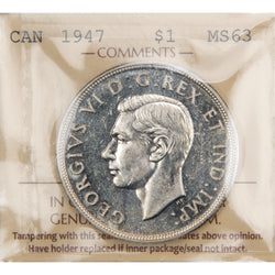 Encapsulated 1947 Canada $1 Blunt 7 silver dollar coin graded MS-63 by ICCS with certification tag XRX 562 showing King George VI uncrowned portrait and reverse voyageur design.
