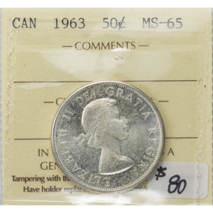 SOLD Canada 1963 50 Cents Half Dollar Silver Coin - ICCS MS-65