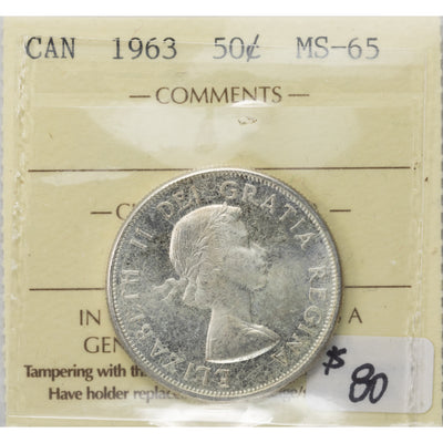 SOLD Canada 1963 50 Cents Half Dollar Silver Coin - ICCS MS-65