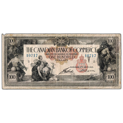 SOLD $100 1917 Canadian Bank of Commerce Canada Chartered Note #75-16-02-12 - Missing Small Piece