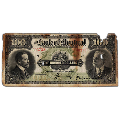 SOLD $100 1914 Bank of Montreal Canada Chartered Note #505-54-18 - Damaged
