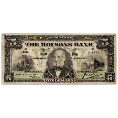 $5 1912 The Molsons Bank Canada Chartered Note #490-32-02 - VF