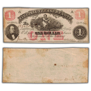SOLD United States 1862 $1 Confederate States Virginia Treasury Obsolete Note