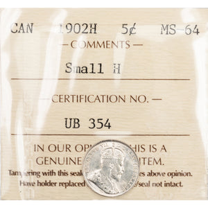 SOLD Canada 1902-H Small H 5 Cents Silver Coin - ICCS MS-64