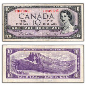 SOLD $10 1954 Bank of Canada Note *B/D Replacement Prefix BC-40bA - VF