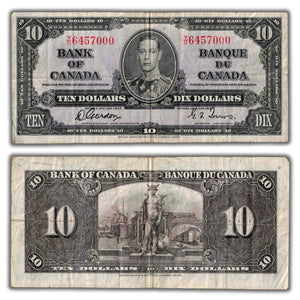 SOLD $10 1937 Bank of Canada Note Gordon-Towers Y/D Prefix BC-24b - VF