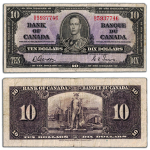 SOLD $10 1937 Bank of Canada Note Gordon-Towers B/D Prefix BC-24b - Fine