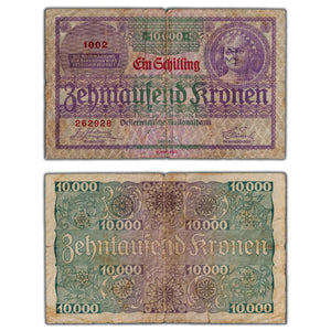 SOLD Austria 1924 1 Schilling Overprint on 10000 Kronen Note P #87 - Circulated