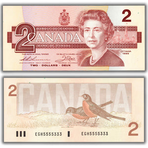 SOLD $2 1986 Bank of Canada Note EGH Prefix BC-55b-i - Neat Serial 5555333
