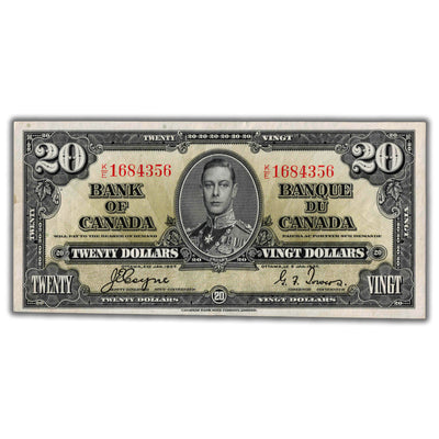 SOLD $20 1937 Bank of Canada Note Coyne-Towers K/E Prefix BC-25c - EF+