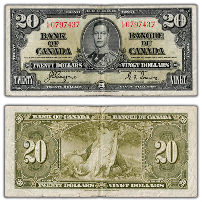 $20 1937 Bank of Canada Note Coyne-Towers L/E Final Prefix BC-25c - Small Edge Tears