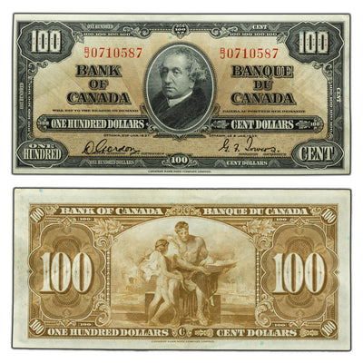 SOLD $100 1937 Bank of Canada Note Gordon-Towers B/J Prefix BC-27b - EF+