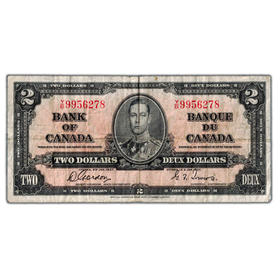 $2 1937 Bank of Canada Note Gordon-Towers Y/B Prefix BC-22b - Circulated