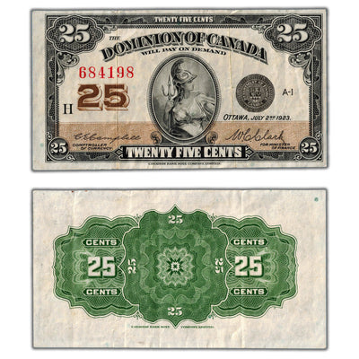 25 Cents 1923 Dominion of Canada Note Shinplaster DC-24d - VF+