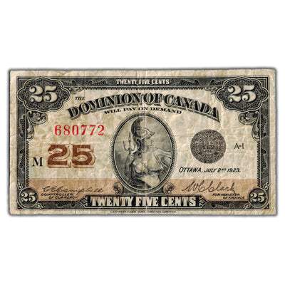 25 Cents 1923 Dominion of Canada Shinplaster Note DC-24d - Stained