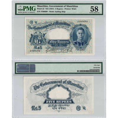 Mauritius N.D (1937) 5 Five Rupees Note P #22 - PMG AU-58