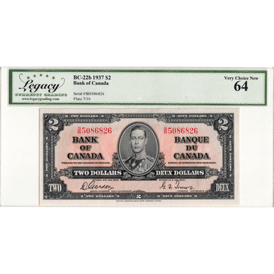 $2 1937 Bank of Canada Note Gordon-Towers S/B Prefix BC-22b - Legacy UNC-64