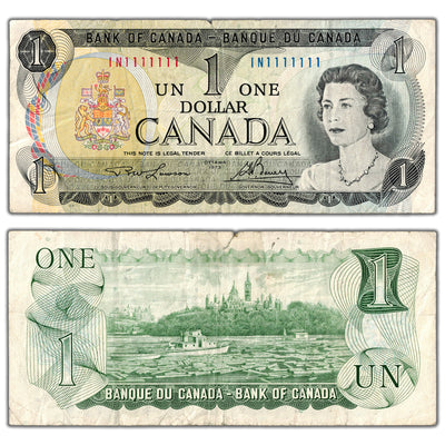 SOLD $1 1973 Bank of Canada Note IN Prefix Solid Serial 1's BC-46a - Tear/Tape