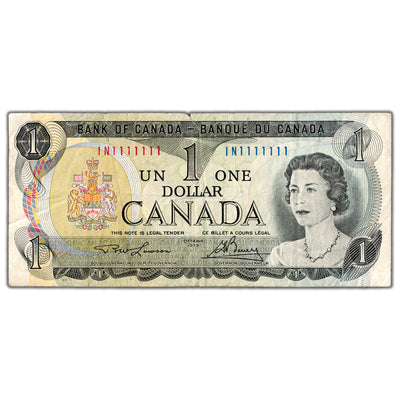 SOLD $1 1973 Bank of Canada Note IN Prefix Solid Serial 1's BC-46a - Tear/Tape