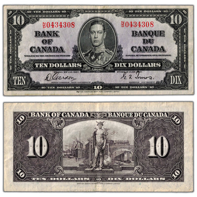 $10 1937 Bank of Canada Note Gordon-Towers N/D Prefix BC-24b - VF