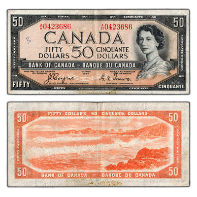 SOLD $50 1954 Bank of Canada Note Devil Face Coyne-Towers BC-34a - VF (residue/minor writing)