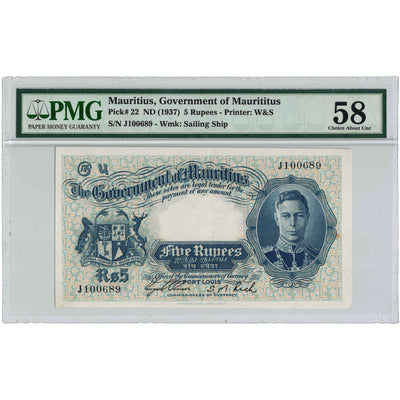 Mauritius N.D (1937) 5 Five Rupees Note P #22 - PMG AU-58