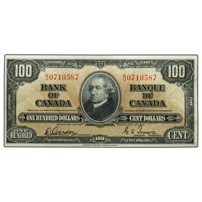 SOLD $100 1937 Bank of Canada Note Gordon-Towers B/J Prefix BC-27b - EF+