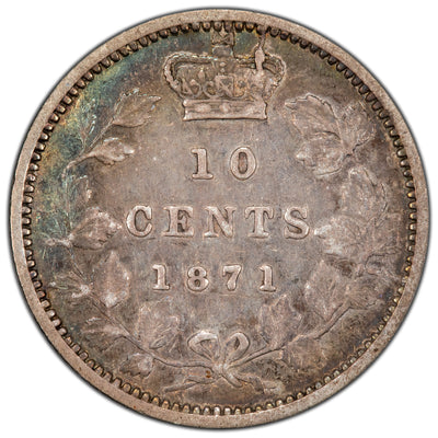Canada 1871 10 Cents Dime Silver Coin - Fine +