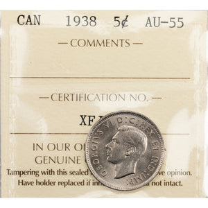 SOLD Canada 1938 5 Cents Nickel Coin - ICCS AU-55