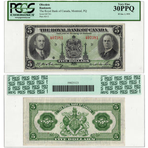 SOLD $5 1935 Royal Bank of Canada Chartered Note CH #630-18-02a - PCGS VF-30 PPQ