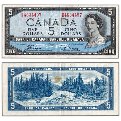 $5 1954 Bank of Canada Note Devil Face B/C Prefix BC-31a - VF/EF (stain)