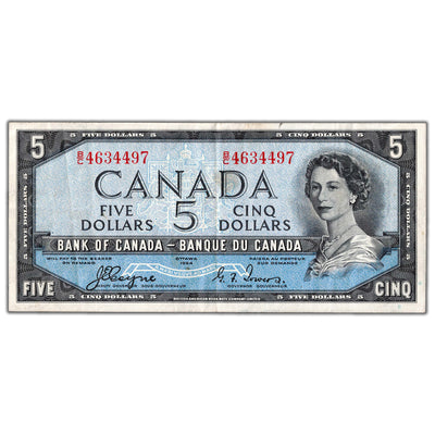 $5 1954 Bank of Canada Note Devil Face B/C Prefix BC-31a - VF/EF (stain)