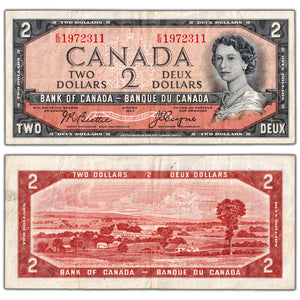 SOLD $2 1954 Bank of Canada Note Devil Face E/B Prefix BC-30b - VF+