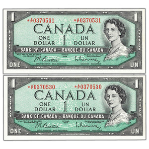 SOLD $1 1954 Bank of Canada Note *A/F Replacement Prefix BC-37bA-i - 2 Consec AU/UNC