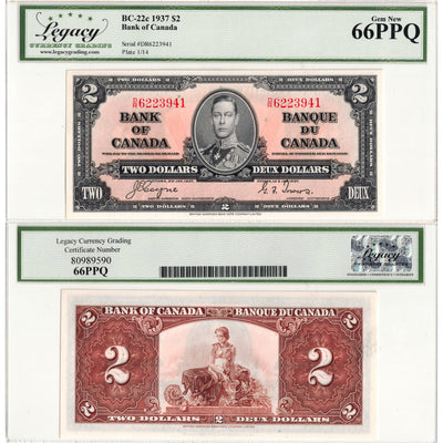 $2 1937 Bank of Canada Note Coyne-Towers D/R Prefix BC-22c - Legacy Gem UNC-66 PPQ