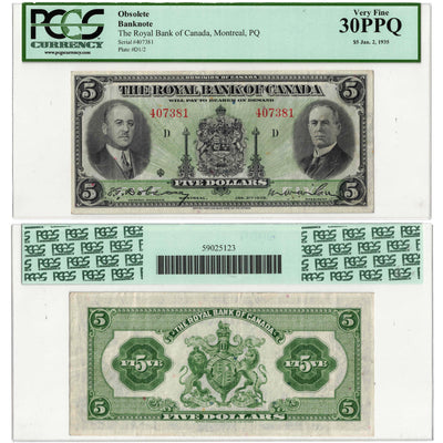 SOLD $5 1935 Royal Bank of Canada Chartered Note CH #630-18-02a - PCGS VF-30 PPQ