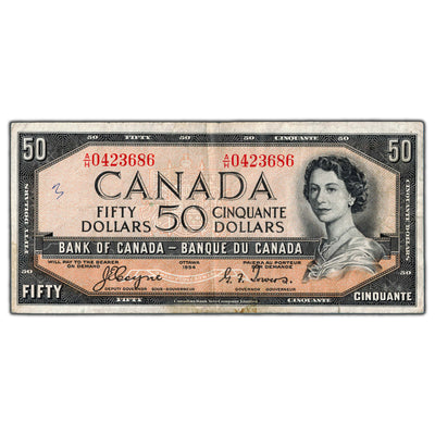 SOLD $50 1954 Bank of Canada Note Devil Face Coyne-Towers BC-34a - VF (residue/minor writing)