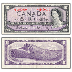 SOLD $10 1954 Bank of Canada Note *B/D Replacement Prefix BC-40bA - VF