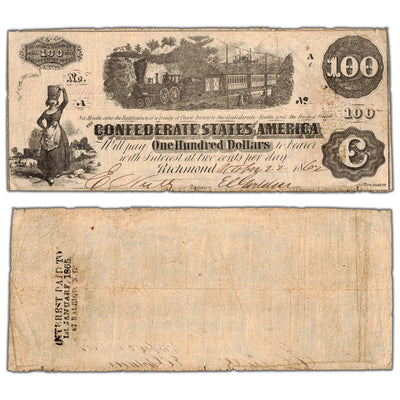 SOLD United States 1862 Confederate States of America $100 Note T-40 - Circulated (tear)