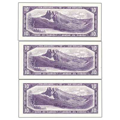 SOLD $10 1954 Bank of Canada Notes V/T Prefix BC-40b - 3 Consecutive Choice UNC
