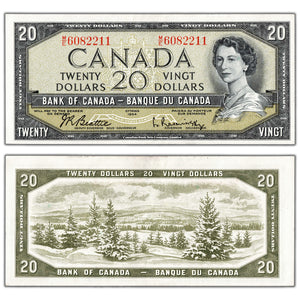 SOLD $20 1954 Bank of Canada Note Beattie-Rasminsky M/E Prefix BC-41b - Abt. AU