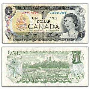 SOLD $1 1973 Bank of Canada Note Crow-Bouey BC-46b - Neat Serial Number 4444006