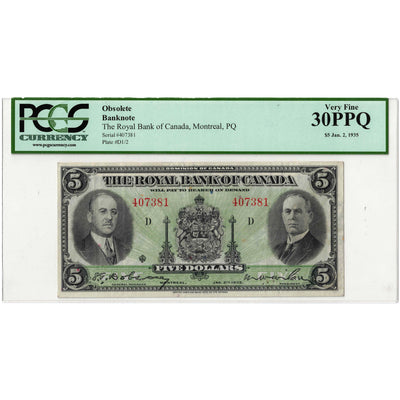 SOLD $5 1935 Royal Bank of Canada Chartered Note CH #630-18-02a - PCGS VF-30 PPQ